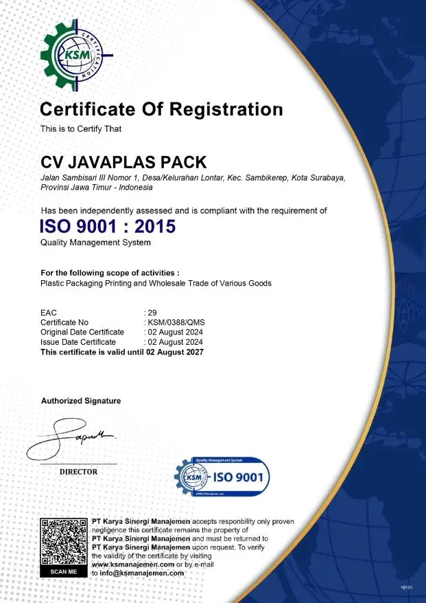 Sertifikat ISO 9001 Javaplas