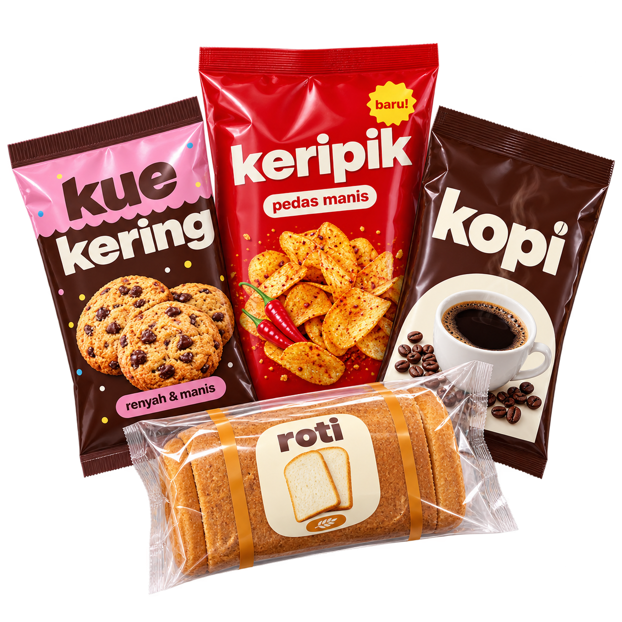 Ilustrasi kemasan plastik custom Javaplas untuk keripik, kue kering, kopi, dan roti